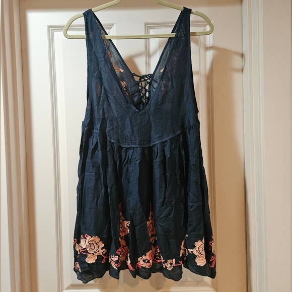 Free People Embroidered Aida Mini Slip Dress V Neck Sleeveless A Line S Navy NWT - Picture 3 of 15